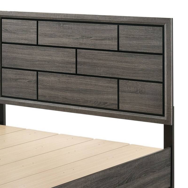 Eastern King Bed with Grooved Pattern and 2 Drawers, Gray
