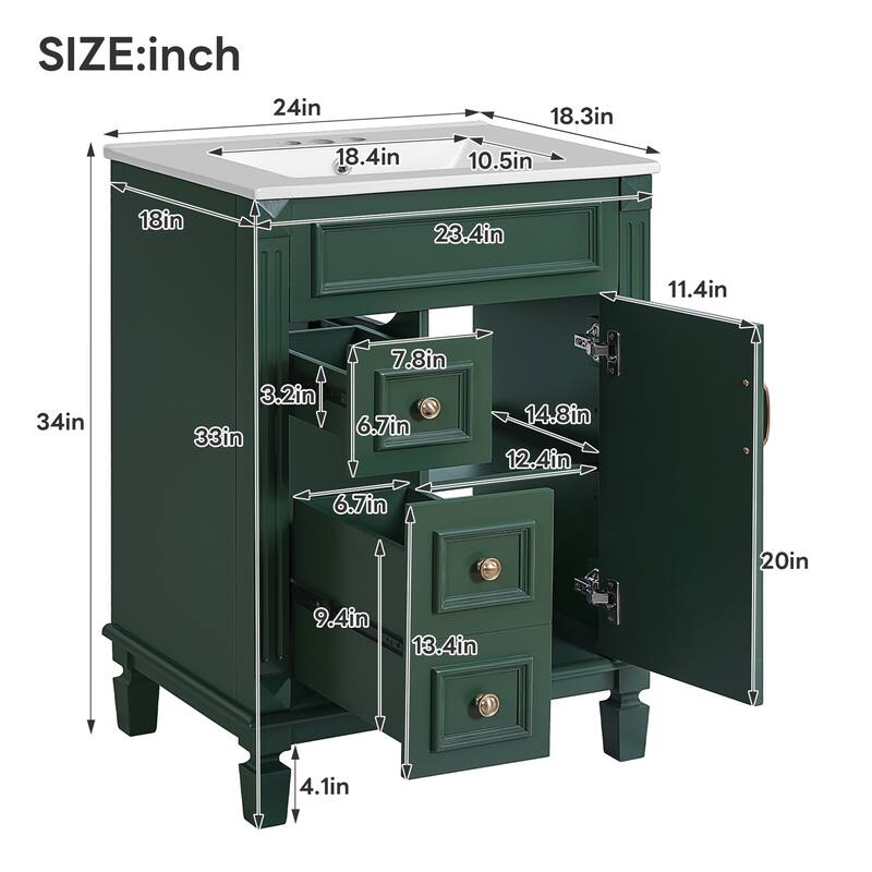 24" Bathroom Vanity with Ceramic Sink with 2 Drawers and Adjustable Shelf