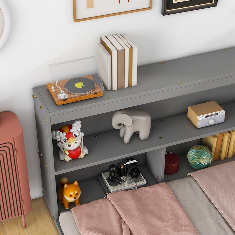 Full Floor Bed With L-Shaped Bookcases,Sliding Doors,Without Slats