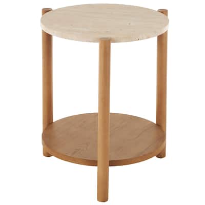 Wood Handmade Round Accent Table with Beige Round Marble Top - Brown - Roche River Decor