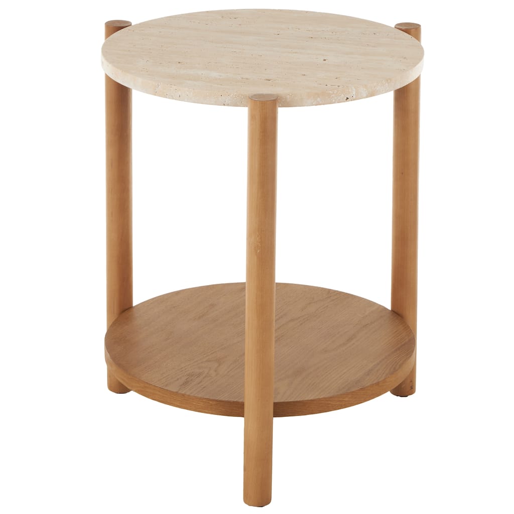 Wood Handmade Round Accent Table with Beige Round Marble Top - Brown - Roche River Decor