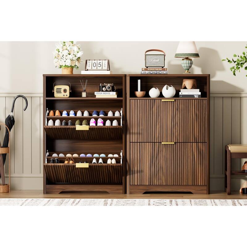 Shoe Cabinet with 2 Flip Drawers, Hidden Shoe Storage Cabinet with Wave-Patterned Panel, Free Standing Entryway Shoe Organizer