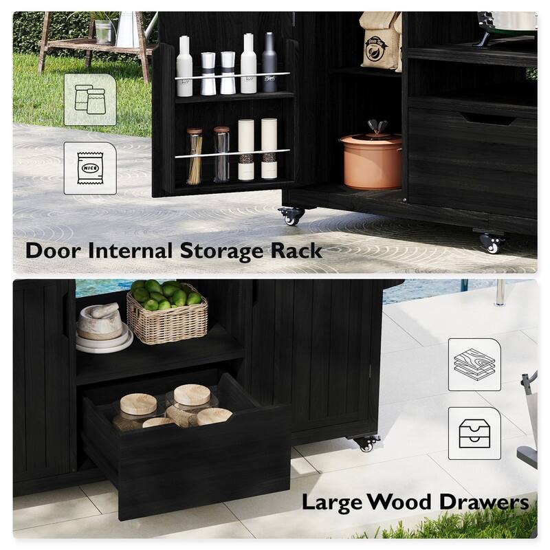 Outdoor Kitchen Island for Big Green Egg Grills, Solid Wood Outdoor Grill Cart w/Stainless Steel Top &Drawer, Patio Kitchen Cart