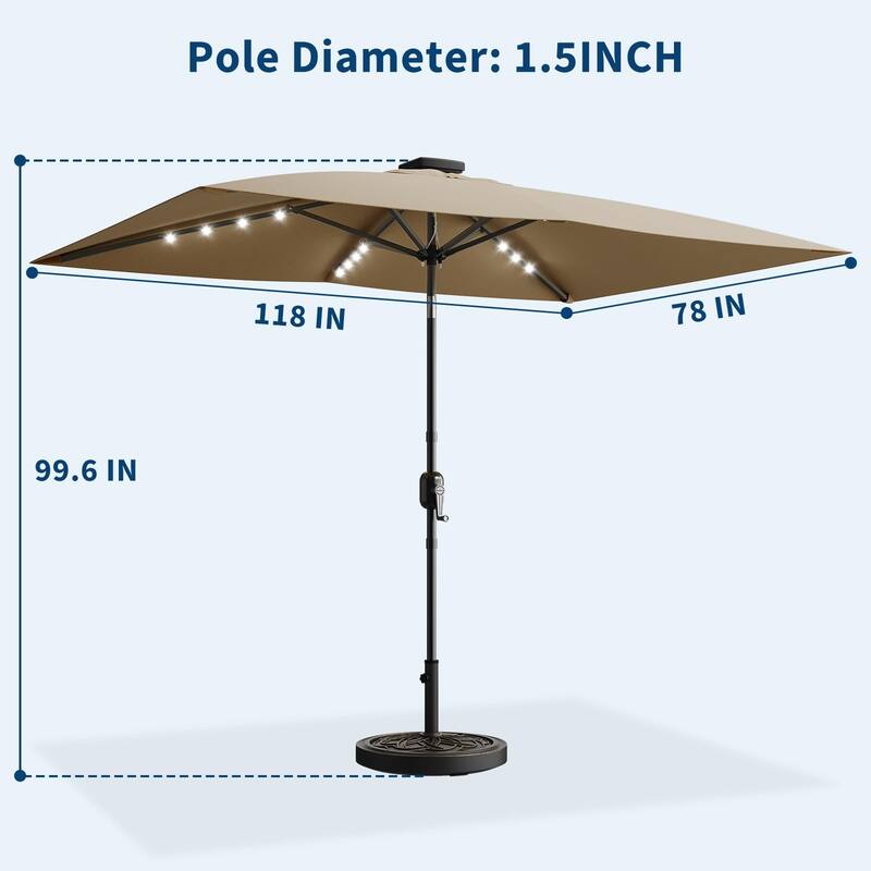 10 x 6.5 ft Solar Rectangular Patio Umbrella, with LED Lights