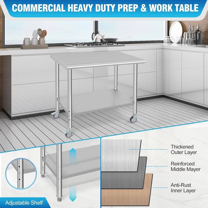 Stainless Steel Prep Table 36 x 24 Inch with 4 Wheels and Under Shelf
