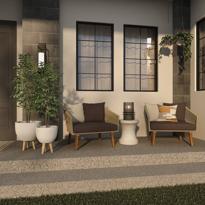 White or Gray Ceramic Indoor Outdoor Planter with Wood Legs (Set of 2)