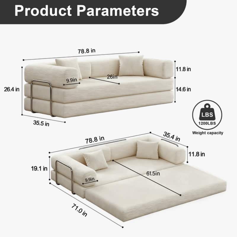 78.8" Floor Standing Sofa Bed Arm Comfort Sofa Bed, Convertible Pudding Block Sofa