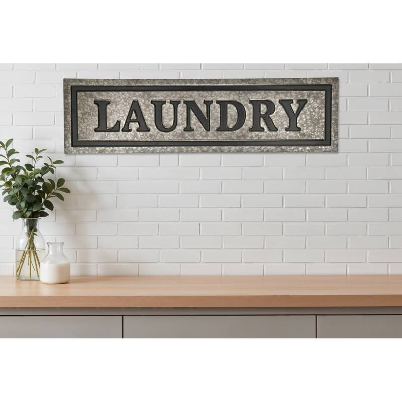 HomeRoots 10" X 36" Gray Laundry Galvanized Metal Wall Decor - Gray - 36.25 in. x 10 in.  x 1 in.
