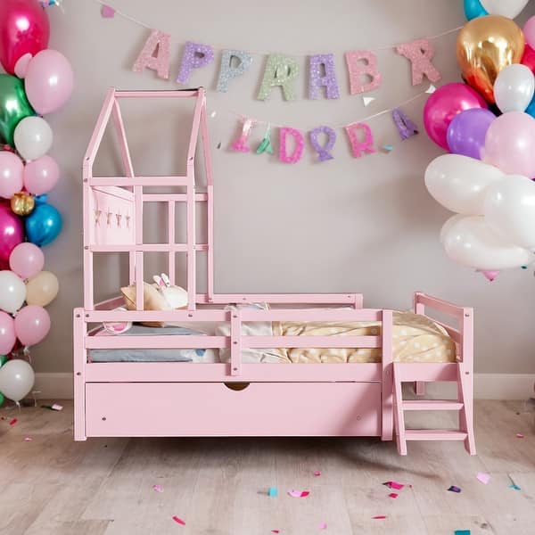 slide 2 of 14, Wood Twin Size House Platform Bed with Guardrail and One Drawer for Storage Pink