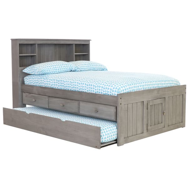 slide 1 of 6, OS Home and Office Furniture Solid Pine Full Captains Bookcase Bed with 3 drawers and a Twin Sized Trundle in Charcoal Gray