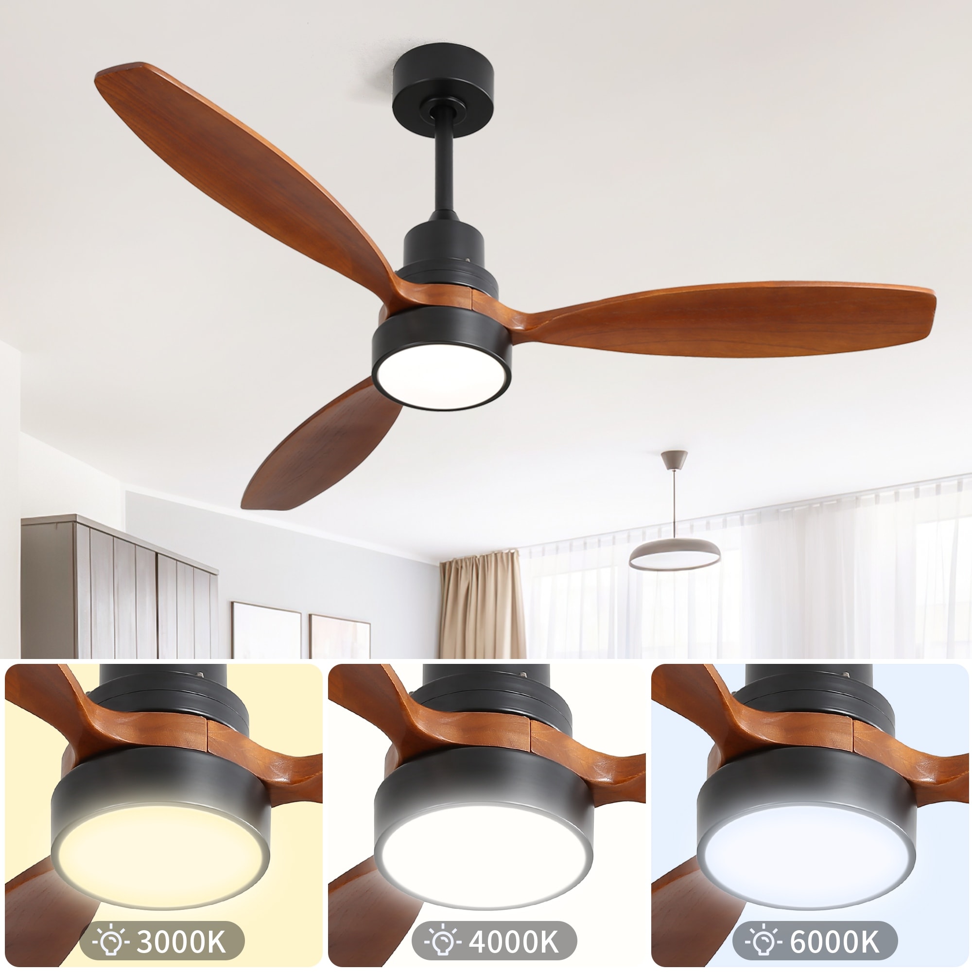 52 Inch Indoor Ceiling Fan with LED Light, 3 Solid Wood Blades Ceiling Fan, Remote Control Reversible DC Motor Fan