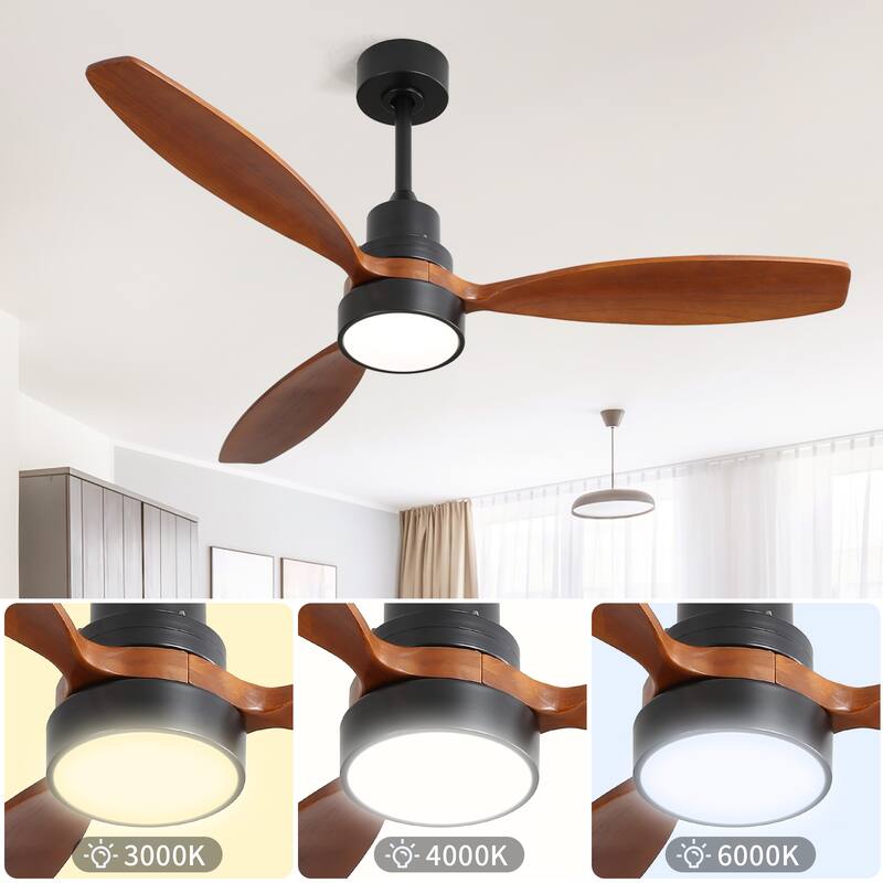 52 Inch Wooden Ceiling Fan Whit 3 Solid Wood Blades Remote Control Reversible DC Motor With Led Light