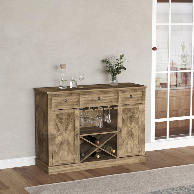 Farmhouse Coffee Bar Cabinet, Wine Cabinet with 3 Drawers, Sideboard Buffet Cabinet with X-Shaped Wine Rack and Stemware Holder