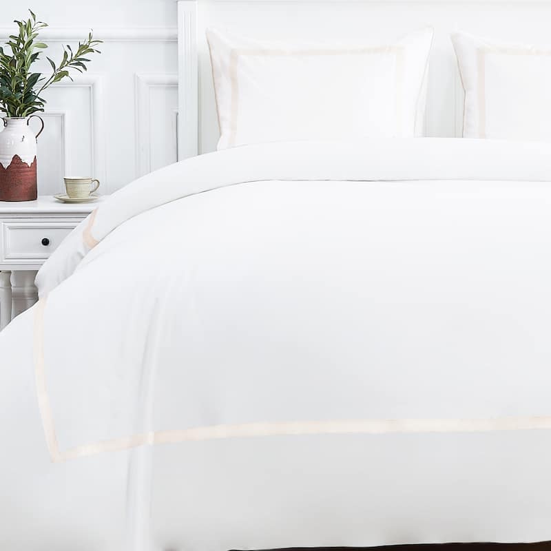 Cotton Percale Hotel Border Piping Ivory Duvet Cover Set