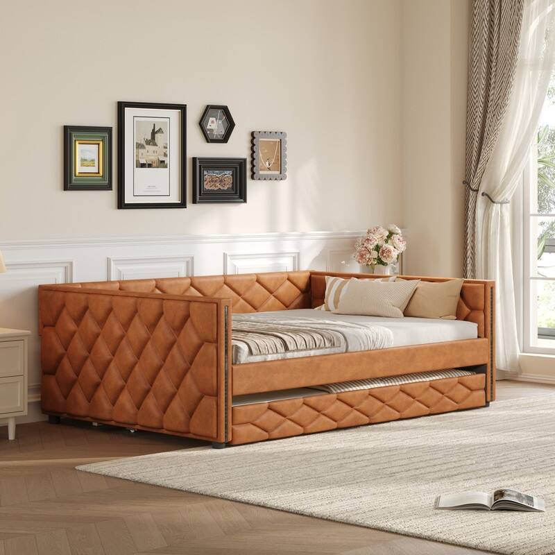 Full XL Size Upholstered Daybed with Trundle and LED