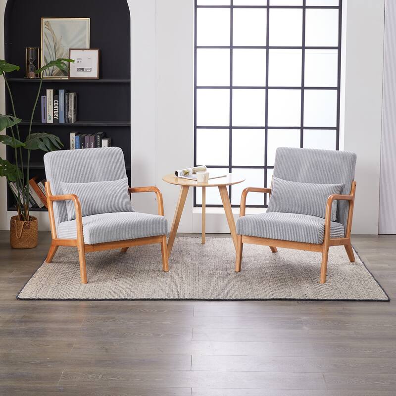 Mid-Century Modern Accent Chair, Upholstered Single Sofa Chair with Pillow, Lounge Armchair with Rubber Wood Frame - Light Gray