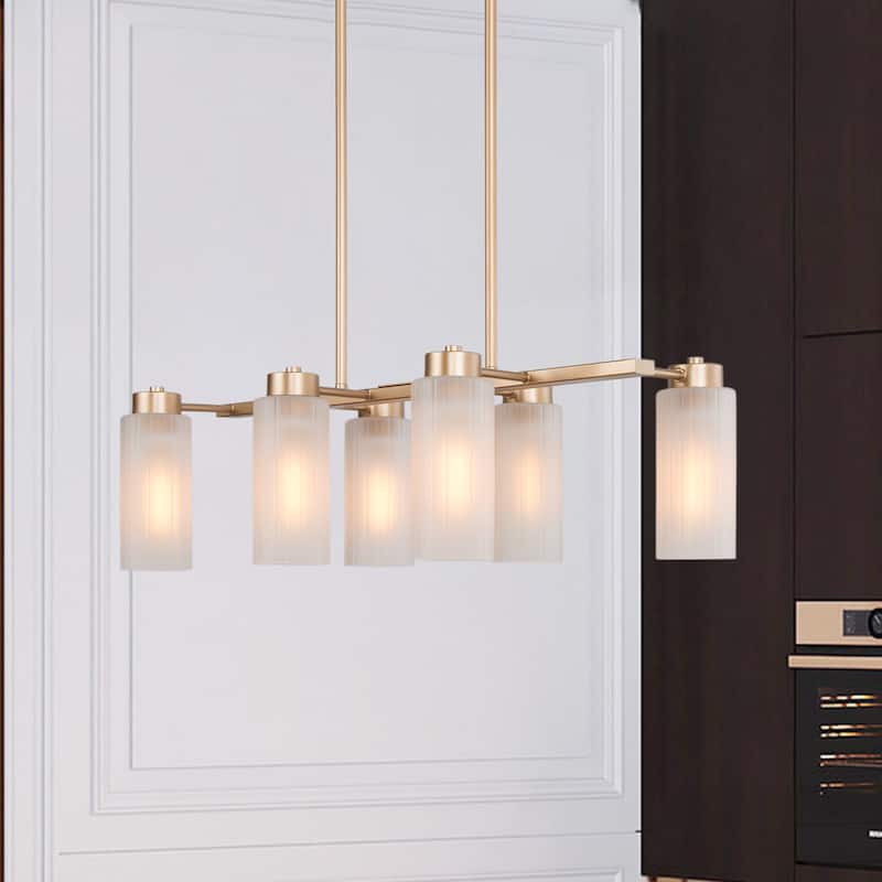 Glitter Modern Glam 6-Light Gold Linear Chandelier Frosted Glass Pendant Lights - L24.4" x W13" x H8.7" - L24.4" x W13" x H8.7" - Gold+Off-white