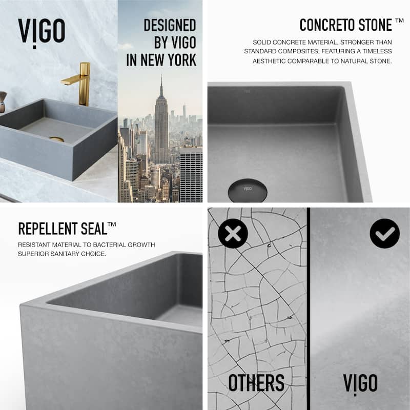 VIGO Alhambra 15"L x 15"W x 5"H Concreto Stone Square Bathroom Vessel Sink