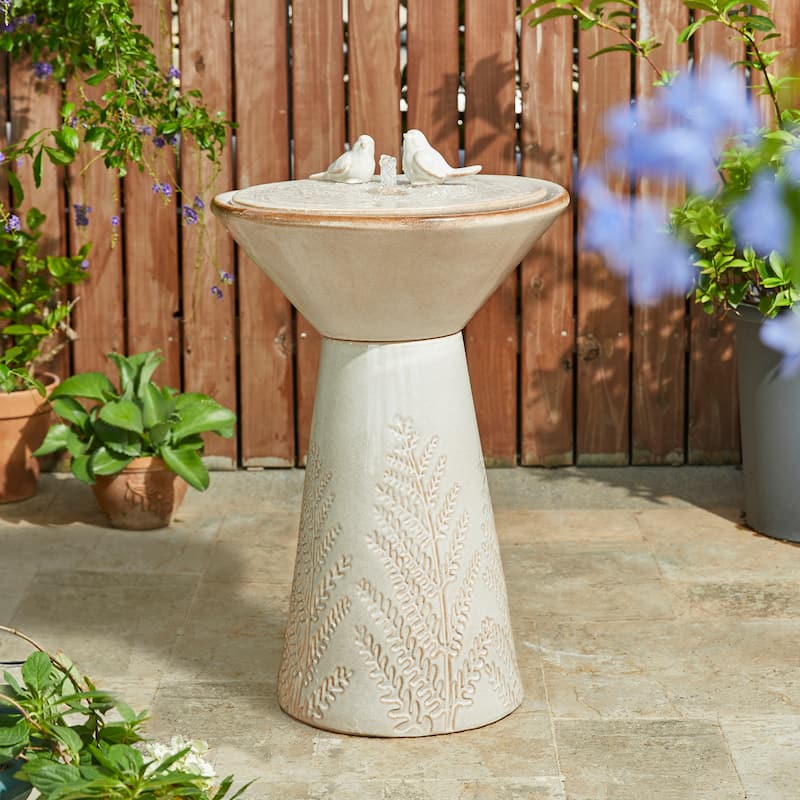Glitzhome 27.5"H Two Birds Embossed Ceramic LED Birdbath Patio Outdoor Fountain