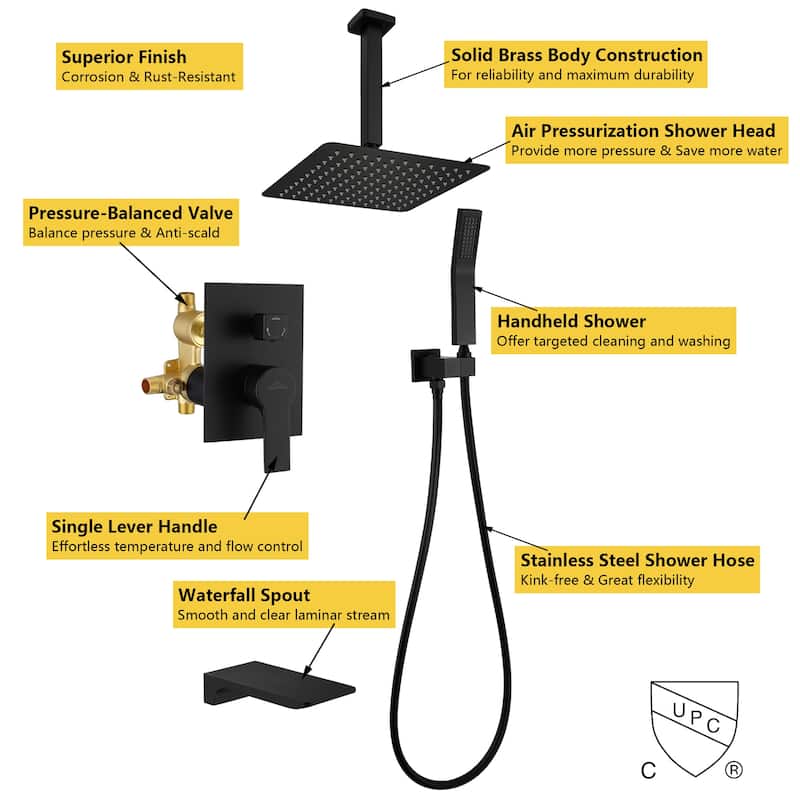 Ceiling Mount Shower Faucet and Tub Faucet with 10 inch Fixed Shower Head