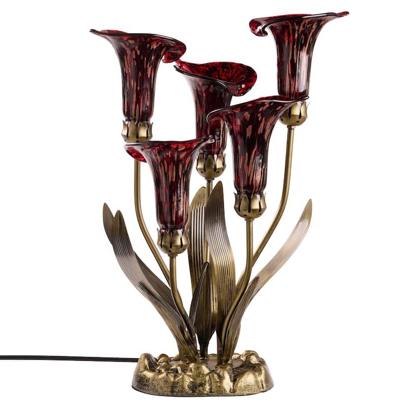 20-inch Antique Brass and Hand Blown Glass 5 Calla Lily Uplight Accent Lamp - 15" x 14" x 20"