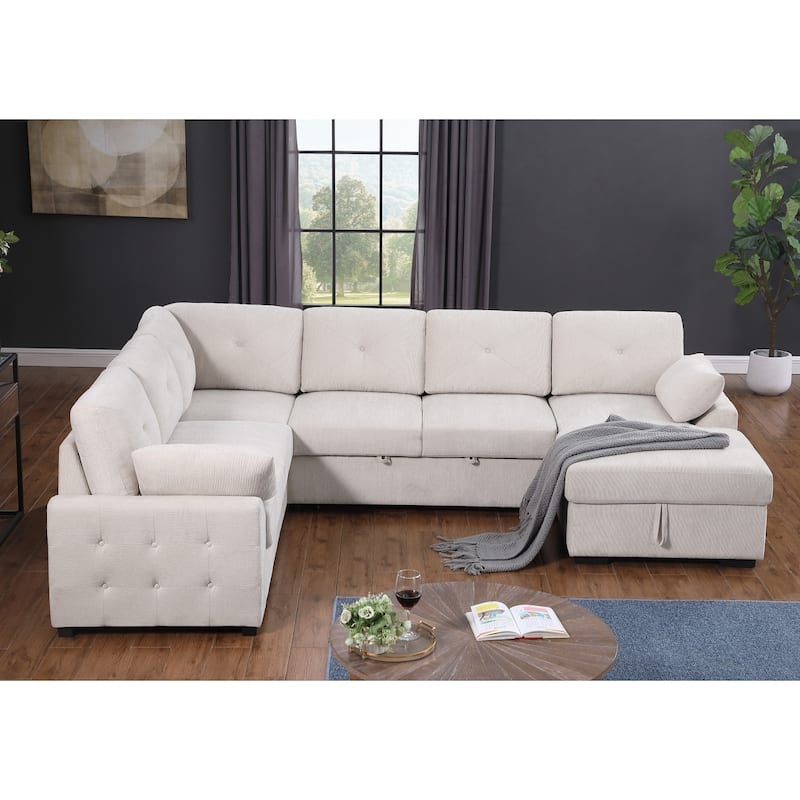 Convertible Pull-out Sectional Sofa Loveseat Sleeper with Storage and Pillows - Beige