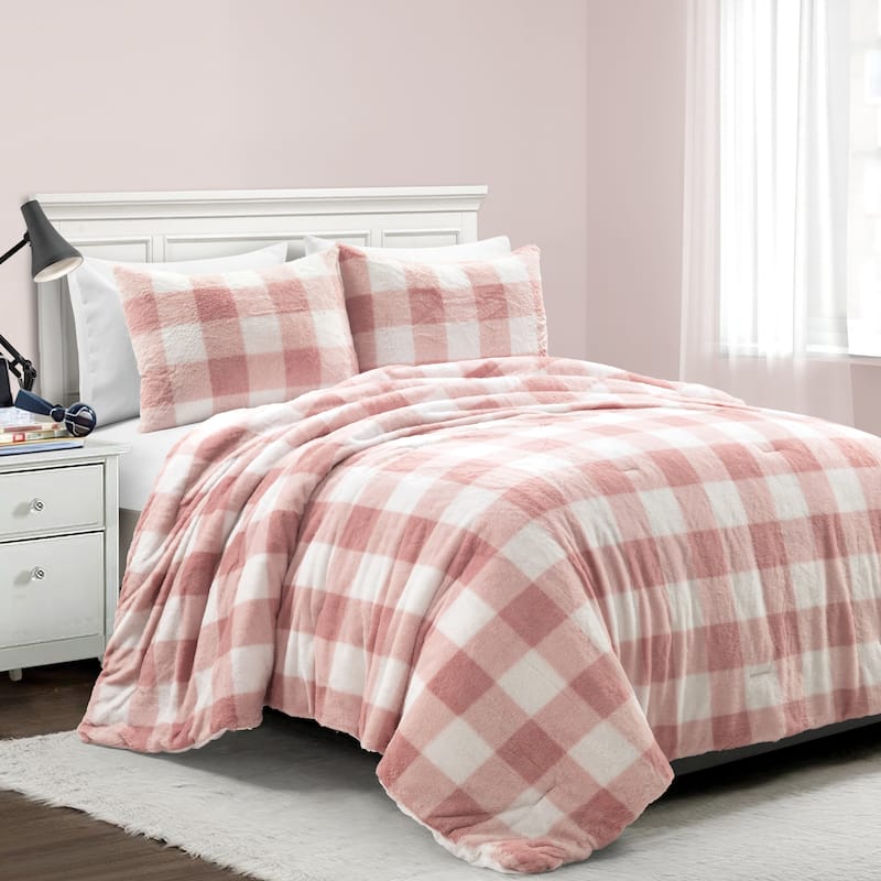 Lush Decor Plaid Ultra Soft Faux Fur Light Weight All Season Kids Back To Campus Comforter Set - Blush - Twin