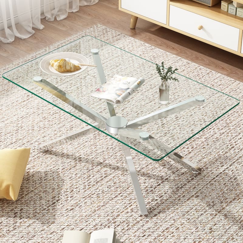 39.37" Rectangular Clear Tempered Glass Coffee Table,Stylish Design with silver Metal Legs, Coffee Table