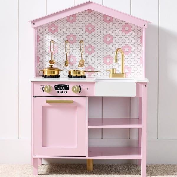 slide 2 of 5, Pretend Play Wooden Farmhouse Kitchen Set w/ Storage, 5 Accessories