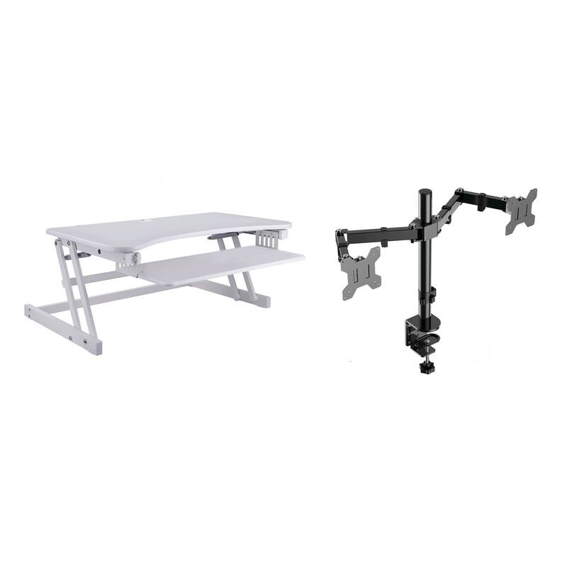 Rocelco 37.5 in. W White Height Adjustable Standing Desk Converter with Dual Monitor Mount and Double Screen Riser Platform