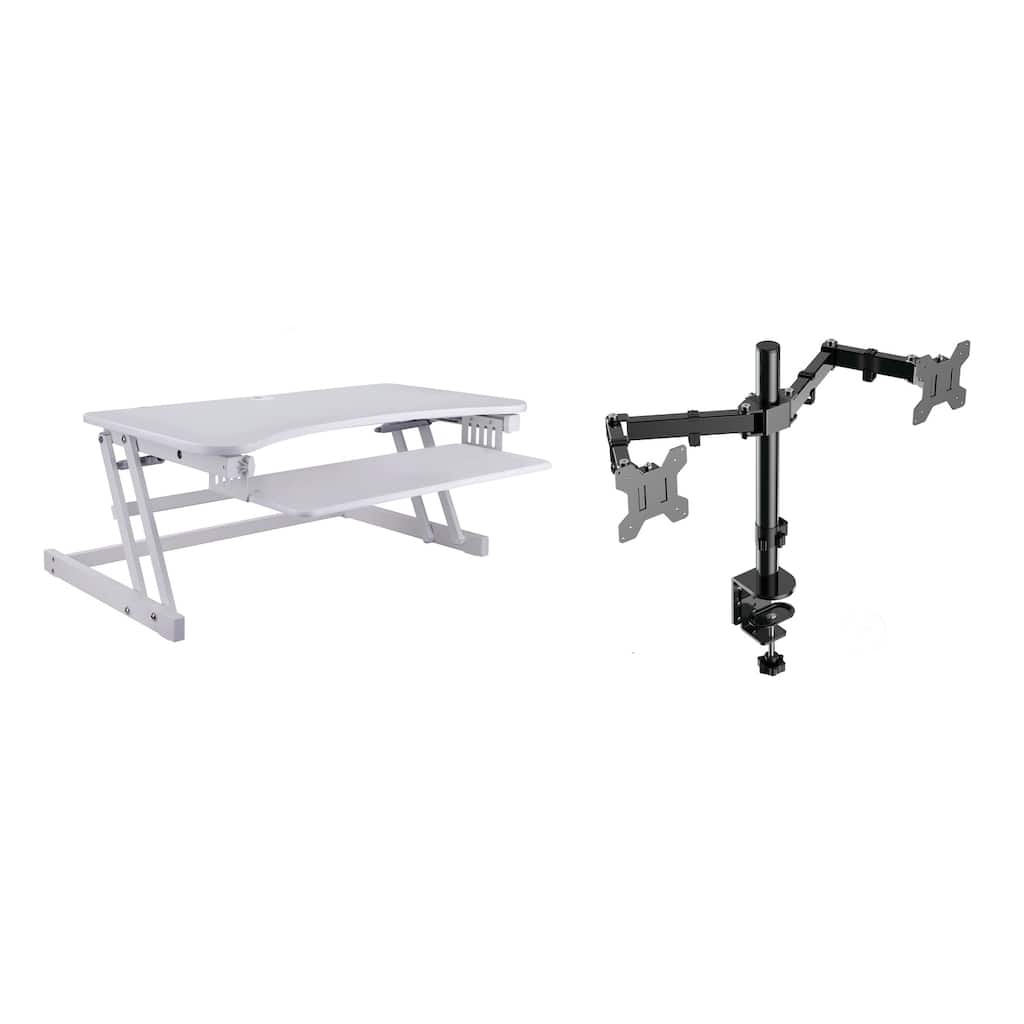 Rocelco 37.5 in. W White Height Adjustable Standing Desk Converter with Dual Monitor Mount and Double Screen Riser Platform