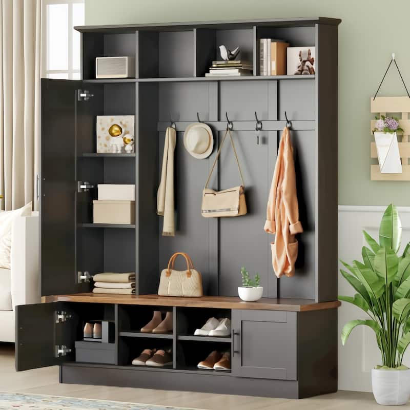 Versatile 3-in-1 Hall Tree with 6 Hooks, Farmhouse Walnut Storage Bench with Adjustable Shelves