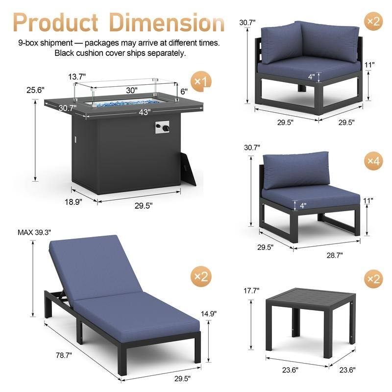 11-Piece Luxury Aluminum Outdoor Furniture Set with Chaise Lounge & Fire Pit Table, 29" Deep Seating Aluminum Patio Sectional