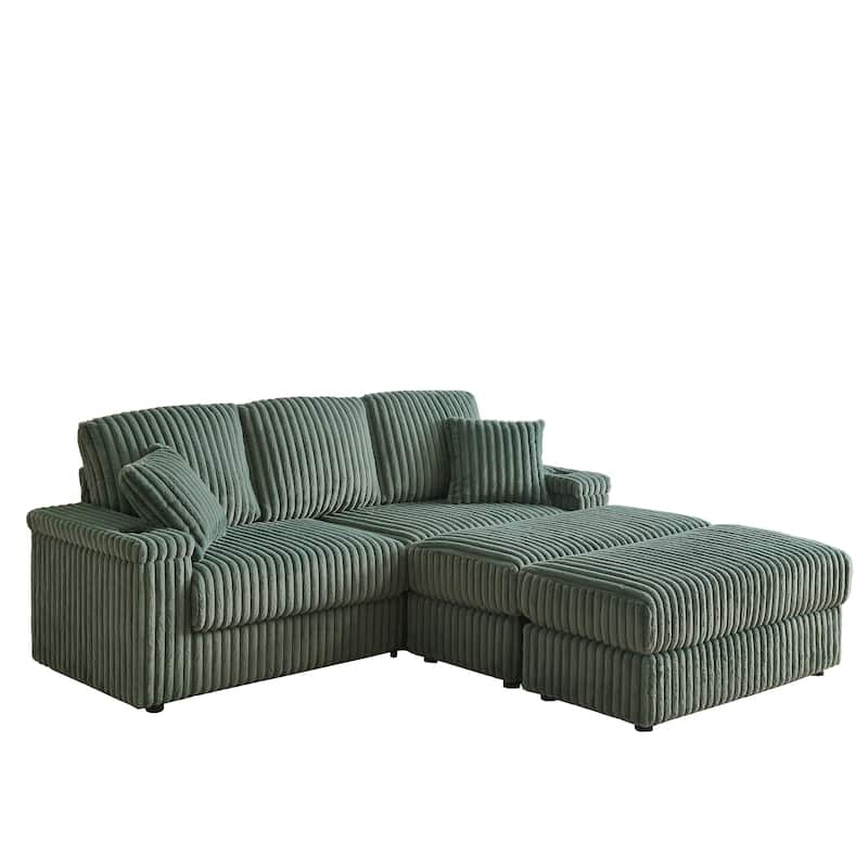 Anmytek 84 Inch Corduroy 3-Seater Comfy Deep Seat Sofa for Living Room with Storage Cup Holders Ottomans and Pillows