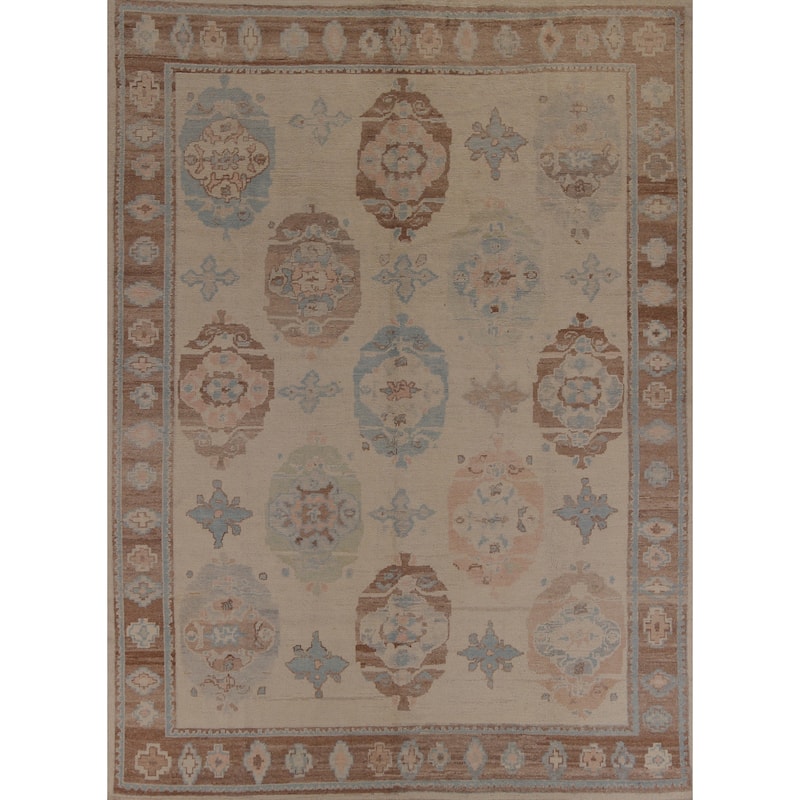 Hand Knotted Oriental 100% Wool Carpet Transitional Floral Beige & Ivories Oushak Area Rug - 11' 5'' X 9' 0''