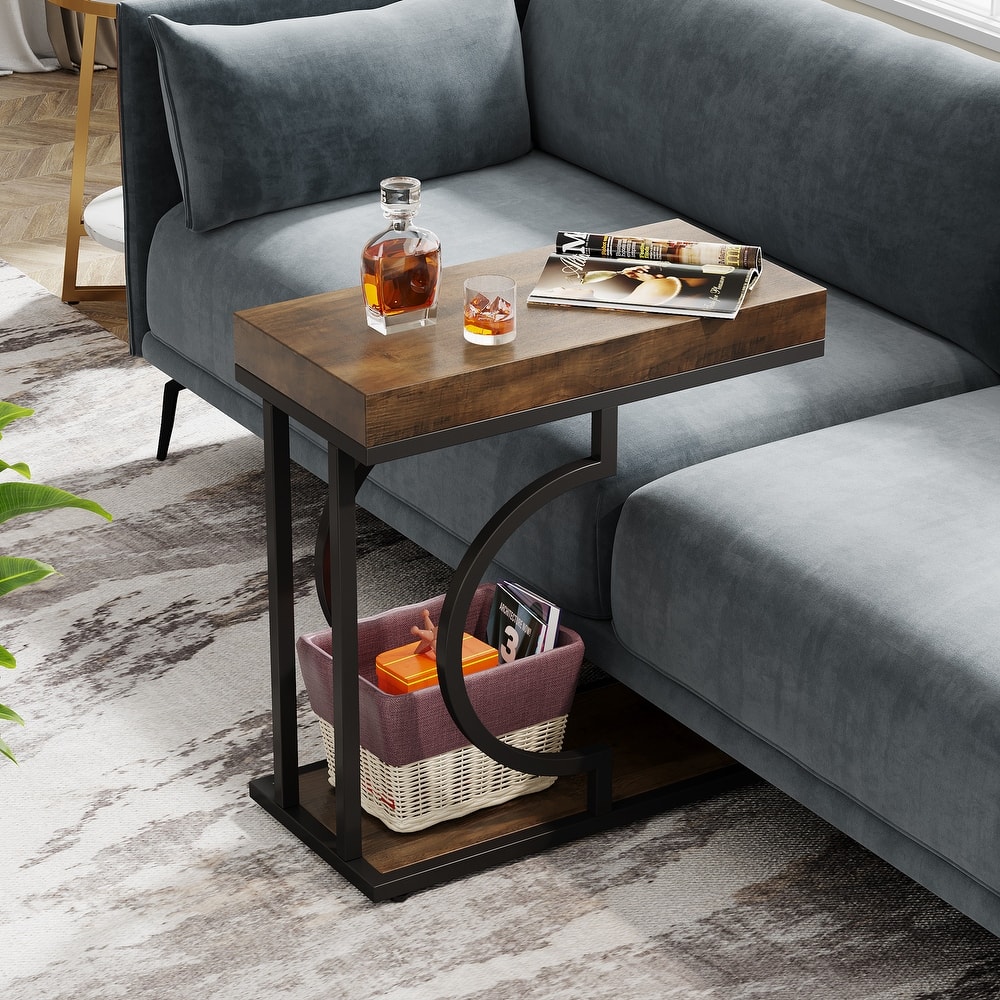 Narrow Side Table C Shaped End Table for Living Room