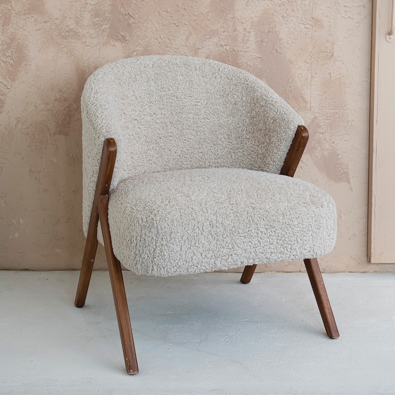 Boucle Fabric Upholstered Chair with Rubberwood Legs - 26.8"L x 27.6"W x 31.5"H - 26.8"L x 27.6"W x 31.5"H - Beige
