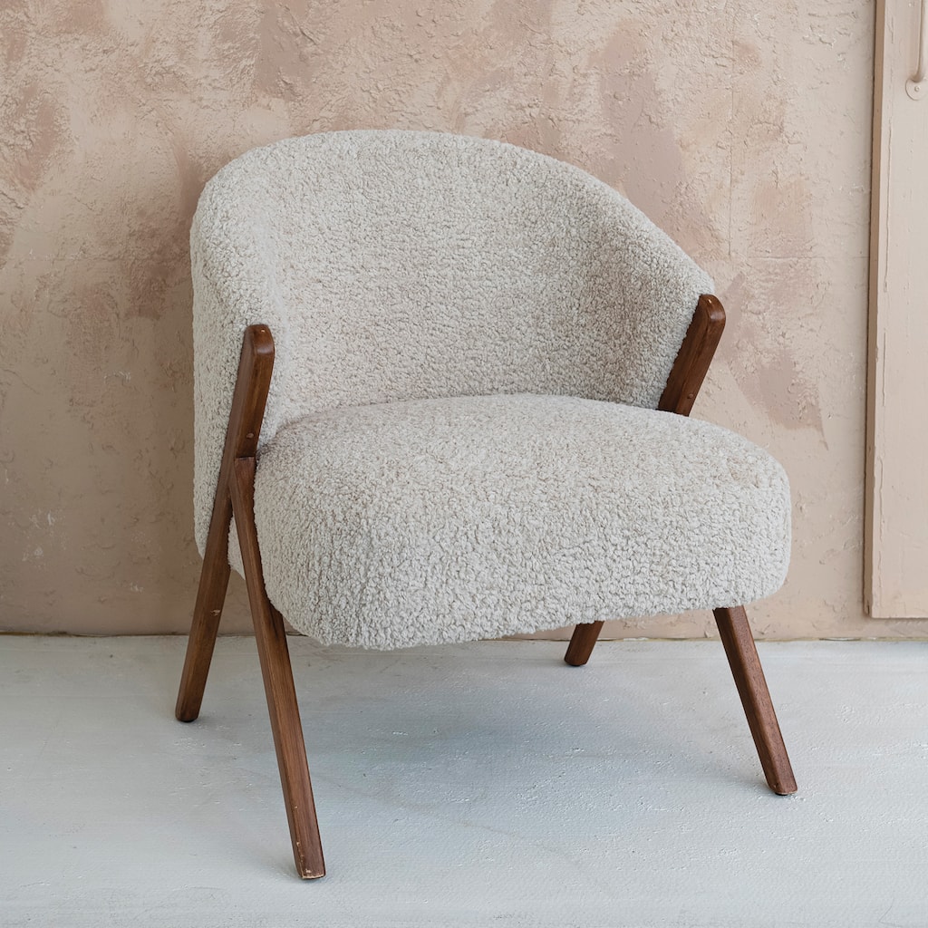 Boucle Fabric Upholstered Chair with Rubberwood Legs - 26.8"L x 27.6"W x 31.5"H