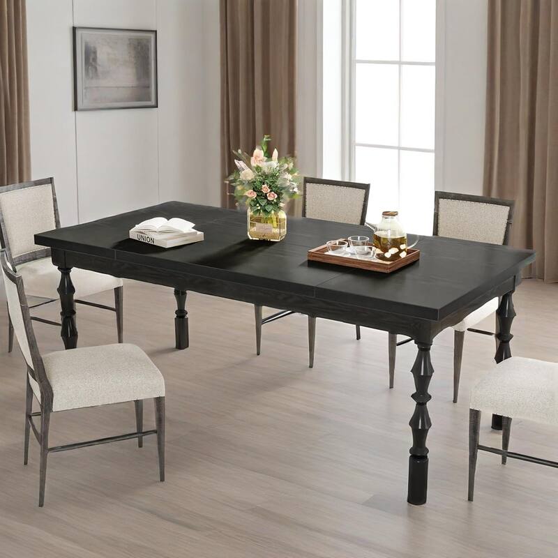 Rectangular Farmhouse Dining Table 62 Inch Black Wood MDF Top with Carved Legs Seats 4 to 6 People - 62.20" x 30.71" x 29.53" - Brown