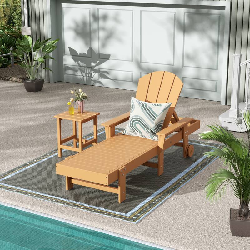 Polytrends Laguna Hdpe All Weather Outdoor Patio Pool Reclining Chaise Lounge With Side Table (2-Piece Set) - Teak