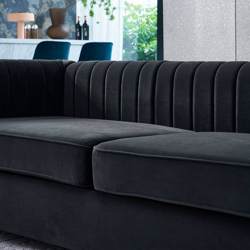 Modern Velvet Sofa with Channel Tufting & Gold Steel Legs - 3 Seater Couch