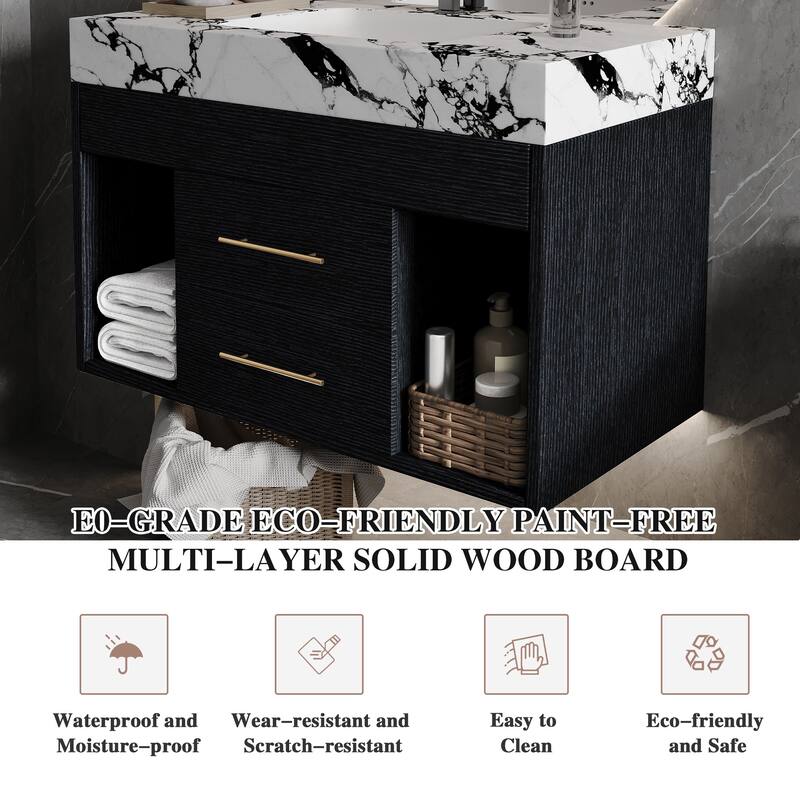 29.9" Floating Bathroom Vanity for Small Bathrooms - Sintered Stone Top & Ceramic Undermount Sink