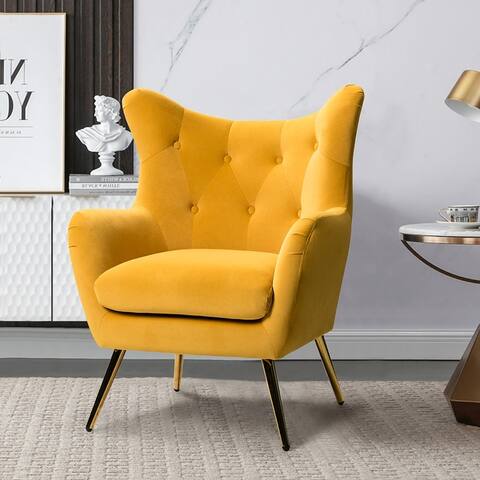 Eusebio Tufted Velvet Accent Chair with Wingback, Arms, and Metal Gold Legs for Living Room or Bedroom by HULALA HOME