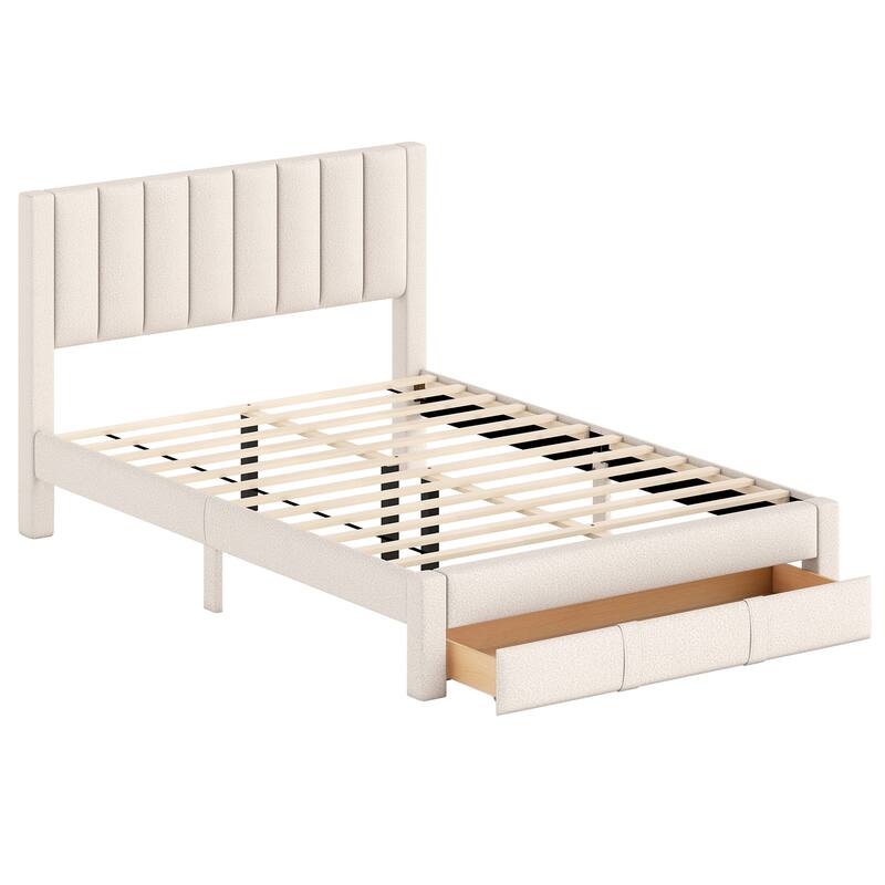 Gymax Queen Size Bed Frame w/Storage Drawer & Vertical Channel - Beige