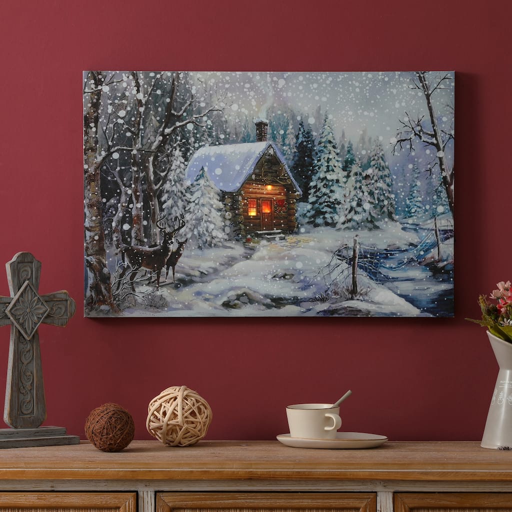 Christmas Winter Wonderland Log Cabin Holiday Canvas Print with LED Lights - 15.63" H x 23.62" W x 0.98" D