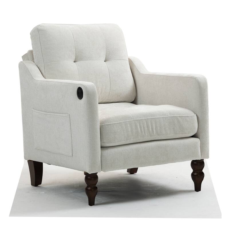 Chenille Accent Armchair, Upholstered Lounge Chair with USB Port, Single Sofa Chair with Wooden Legs & Side Storage