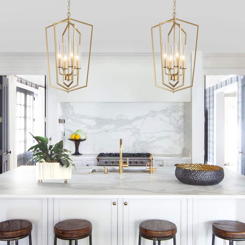 Modern 4-Light Gold Chandelier Lantern Geometric Pendant Light for Dining Room - 16.5" D x 27" H