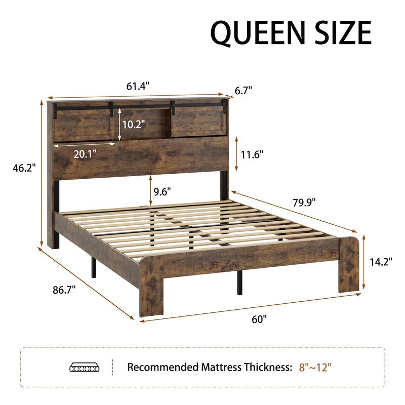 Farmhouse Bed Frame Wooden Platform Bed with Sliding Barn Door Storage Shelves Headboard/Led Light & Charging Station/No Noise