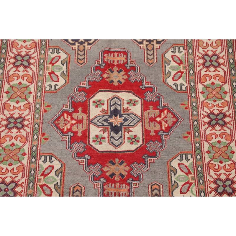 Gray Geometric Kazak Oriental Accent Rug Handmade Wool Carpet - 3'4"x 4'10"