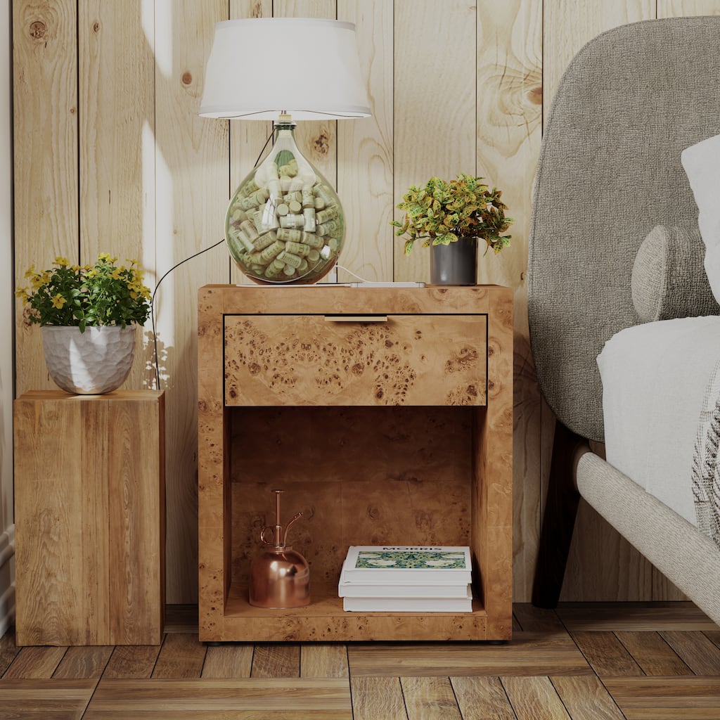 COZAYH Burl Finish Nightstand, Rustic Farmhouse Dresser, Vintage Accent Wood Storage Bedside Table, Fully Assembled